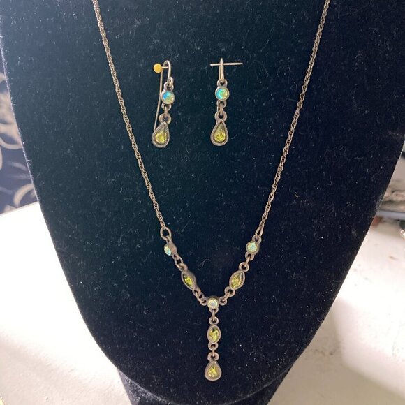 1928 Necklace & Earring Set, Green Stone - Picture 1 of 5